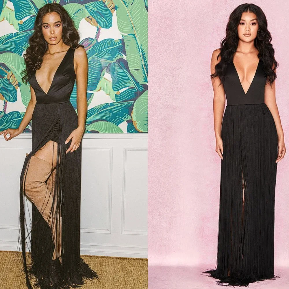 House of CB 'ALEXINA' Black Satin Fringed Maxi Dress LIMITED EDITION NWT